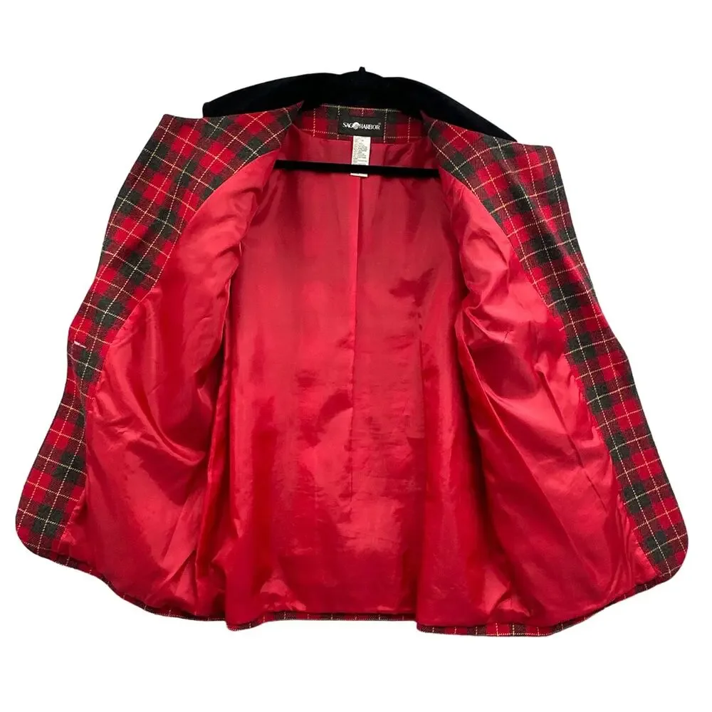 VTG Sag Harbor Blazer 14 Red Plaid Academia Christmas Career Old Money Wool 90s